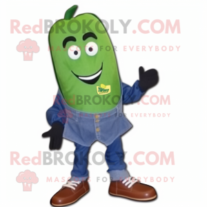 Navy Cucumber mascot costume character dressed with a Denim Shorts and Shoe clips