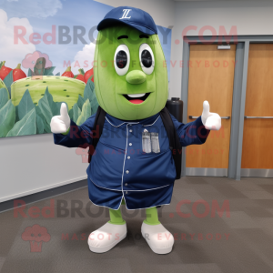 Navy Cucumber mascot costume character dressed with a Denim Shorts and Shoe clips