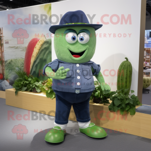 Navy Cucumber mascot costume character dressed with a Denim Shorts and Shoe clips