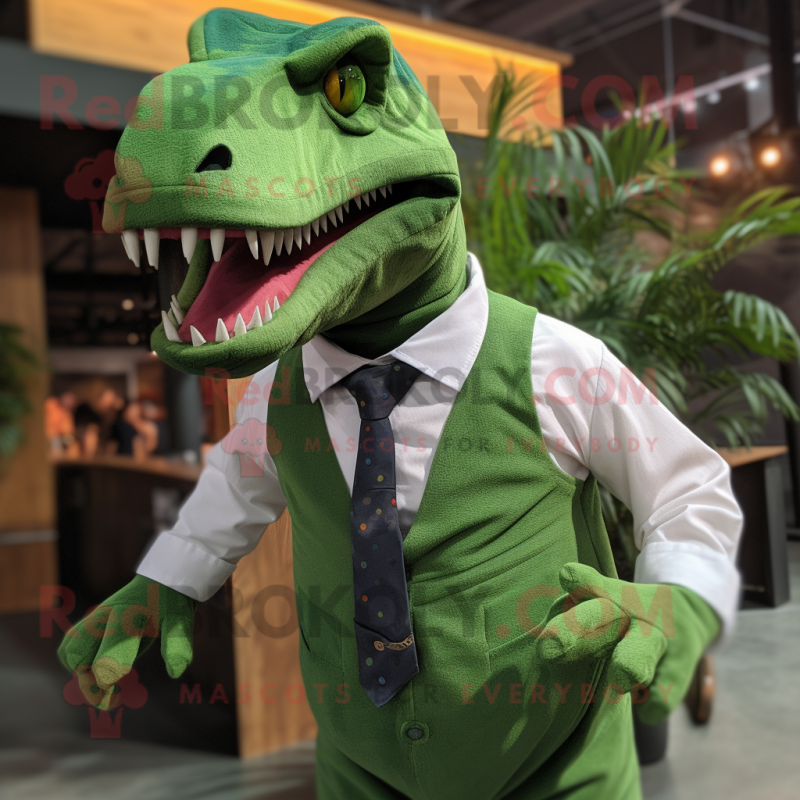 Green T Rex mascot costume character dressed with a Poplin Shirt and Tie  pins