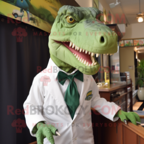 Green T Rex mascot costume character dressed with a Poplin Shirt and Tie pins