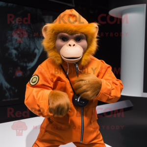 Orange Capuchin Monkey mascot costume character dressed with a Parka and Bracelet watches