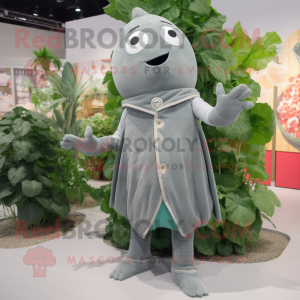 Gray Spinach mascot costume character dressed with a Cardigan and Shoe clips