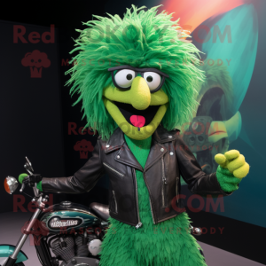 Green Paella mascot costume character dressed with a Biker Jacket and Hair clips