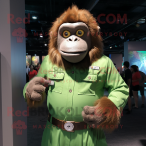 Green Orangutan mascot costume character dressed with a Button-Up Shirt and Cummerbunds