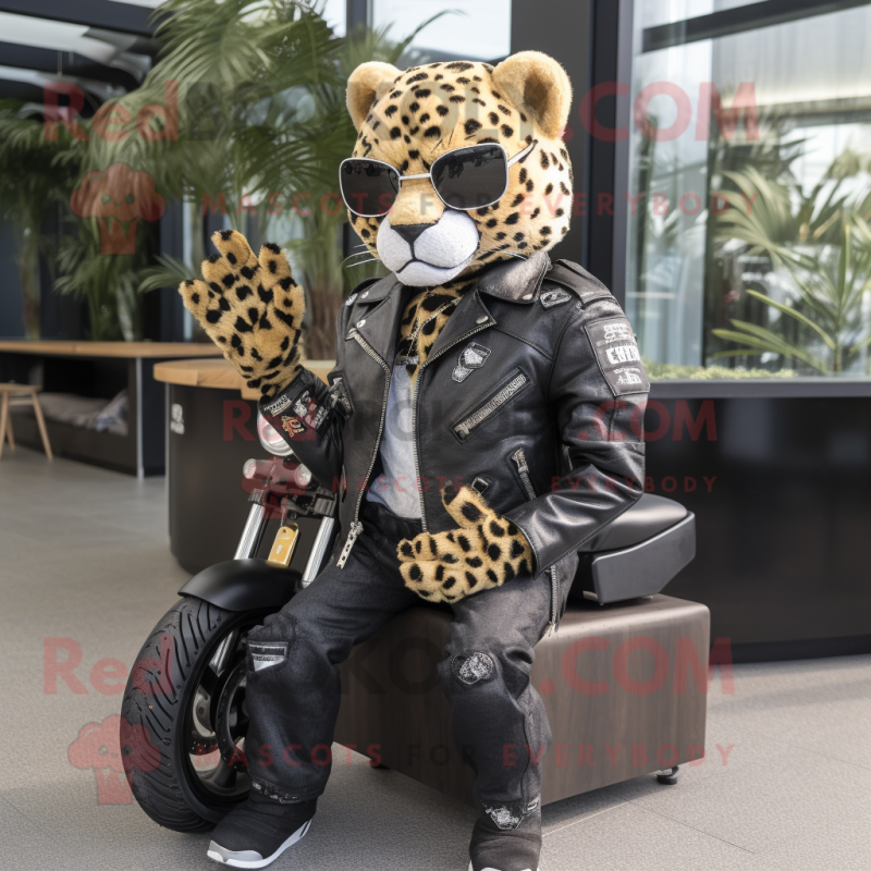 Leopard mascot costume character dressed with a Biker Jacket and Watches Mascot Costumes Redbrokoly Sizes L 175 180CM