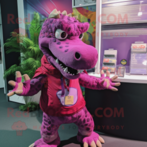 Magenta Crocodile mascot costume character dressed with a Playsuit and Brooches