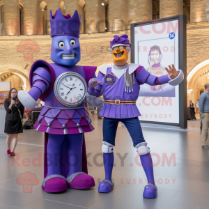 Purple Swiss Guard mascot costume character dressed with a Boyfriend Jeans and Digital watches