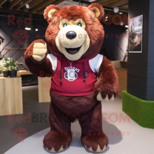 Maroon Bear mascot costume character dressed with a Vest and Keychains