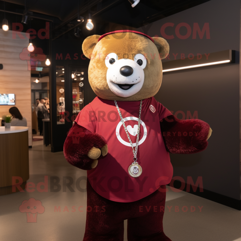 Maroon Bear mascot costume character dressed with a Vest and Keychains