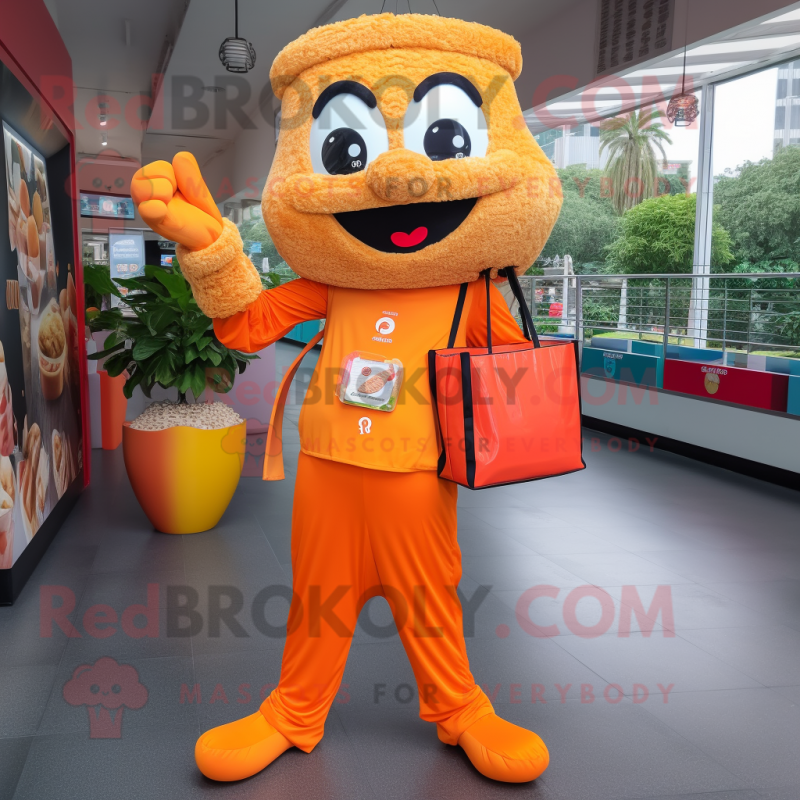 Orange Pad Thai mascot costume character dressed with a Jumpsuit and Wallets