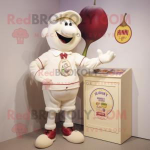 Cream Plum mascot costume character dressed with a Henley Tee and Lapel pins
