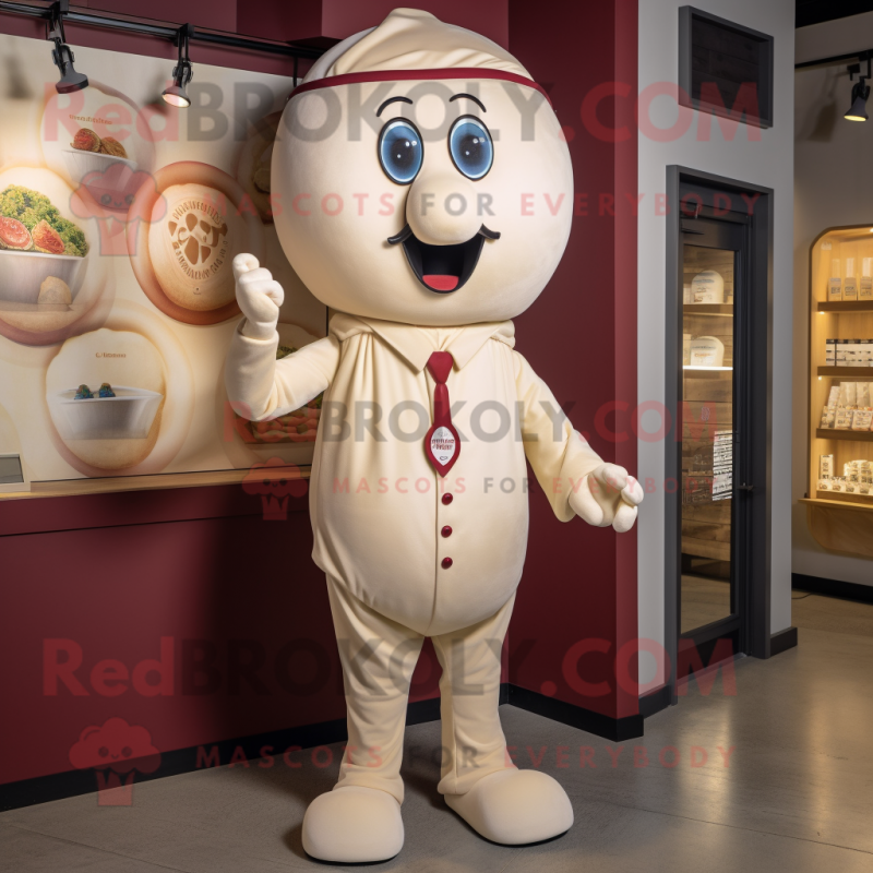 Cream Plum mascot costume character dressed with a Henley Tee and Lapel pins