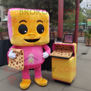 Pink Grilled Cheese Sandwich mascot costume character dressed with a Jumpsuit and Wallets