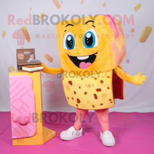 Pink Grilled Cheese Sandwich mascot costume character dressed with a Jumpsuit and Wallets