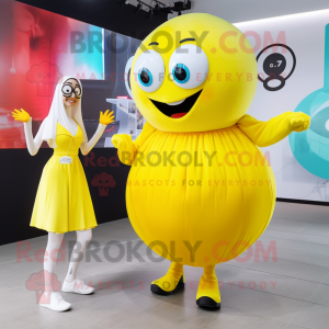 Lemon Yellow Juggle mascot costume character dressed with a Maxi Skirt and Smartwatches