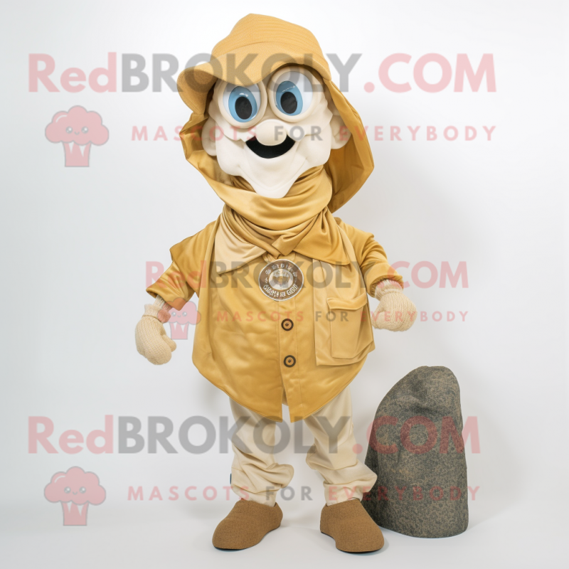 Gold Oyster mascot costume character dressed with a Overalls and Shawl pins