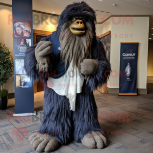 Navy Sasquatch mascot costume character dressed with a Dress Shirt and Scarves