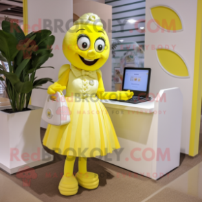 Lemon Yellow Computer mascot costume character dressed with a Pleated Skirt and Handbags