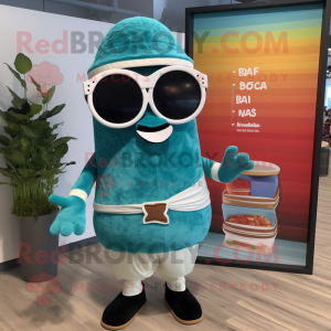 Teal Tacos mascot costume character dressed with a Bermuda Shorts and Eyeglasses