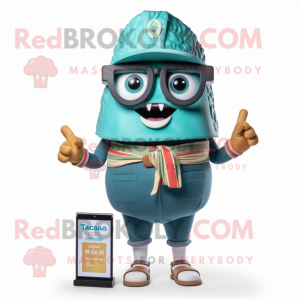 Teal Tacos mascot costume character dressed with a Bermuda Shorts and Eyeglasses