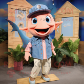 Peach Swordfish mascot costume character dressed with a Chambray Shirt and Earrings