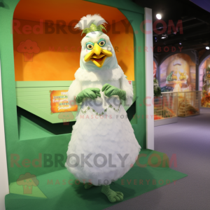 Green Butter Chicken mascot costume character dressed with a Wedding Dress and Rings