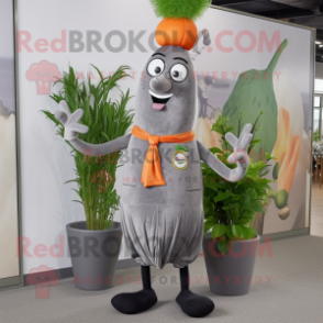 Gray Carrot mascot costume character dressed with a Dress Pants and Shoe laces