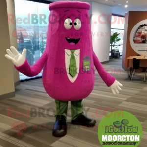 Magenta Cucumber mascot costume character dressed with a Dress Shirt and Shoe clips