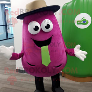 Magenta Cucumber mascot costume character dressed with a Dress Shirt and Shoe clips