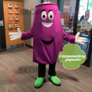 Magenta Cucumber mascot costume character dressed with a Dress Shirt and Shoe clips