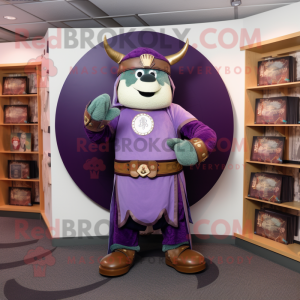 Purple Celtic Shield mascot costume character dressed with a Corduroy Pants and Belts
