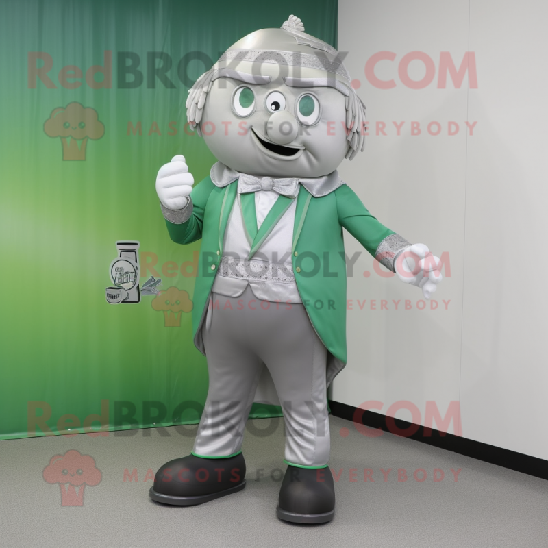 Silver Green Beer mascot costume character dressed with a Suit Jacket and Shoe laces