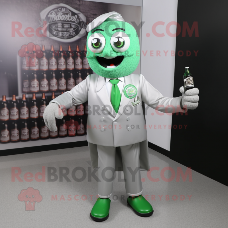 Silver Green Beer mascot costume character dressed with a Suit Jacket and Shoe laces