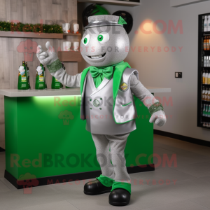 Silver Green Beer mascot costume character dressed with a Suit Jacket and Shoe laces