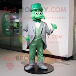 Silver Green Beer mascot costume character dressed with a Suit Jacket and Shoe laces