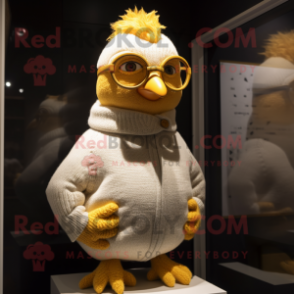 Gold Chicken mascot costume character dressed with a Sweater and Eyeglasses