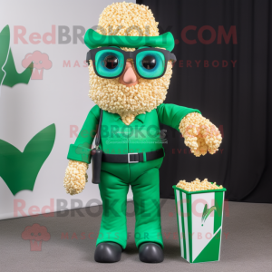 Forest Green Pop Corn mascot costume character dressed with a Polo Tee and Briefcases