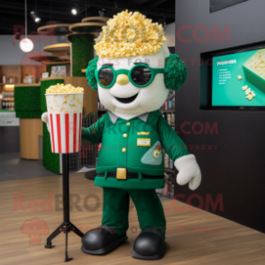 Forest Green Pop Corn mascot costume character dressed with a Polo Tee and Briefcases