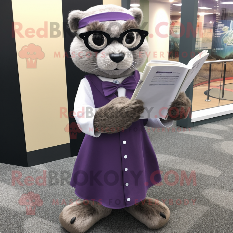 Lavender Otter mascot costume character dressed with a Shift Dress and Reading glasses