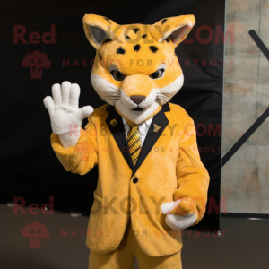 Yellow Bobcat mascot costume character dressed with a Blazer and Gloves