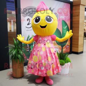 Pink Lemon mascot costume character dressed with a Maxi Dress and Headbands