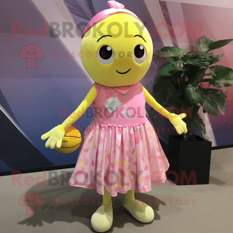 Pink Lemon mascot costume character dressed with a Maxi Dress and Headbands