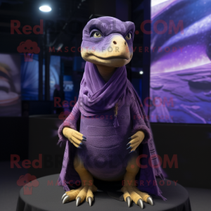 Purple Velociraptor mascot costume character dressed with a Shorts and Shawls