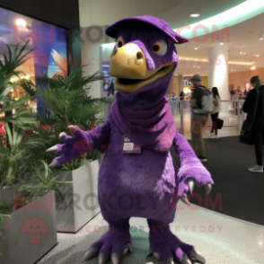 Purple Velociraptor mascot costume character dressed with a Shorts and Shawls