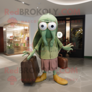 Olive Squid mascot costume character dressed with a Cardigan and Handbags