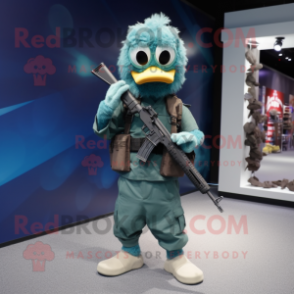 Teal Sniper mascot costume character dressed with a Dress Pants and Necklaces