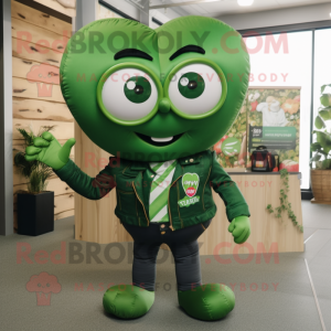 Forest Green Heart mascot costume character dressed with a Jeans and Cufflinks