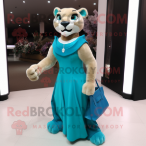 Cyan Mountain Lion mascot costume character dressed with a Evening Gown and Handbags