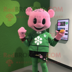 Pink Bunch Of Shamrocks mascot costume character dressed with a Long Sleeve Tee and Smartwatches